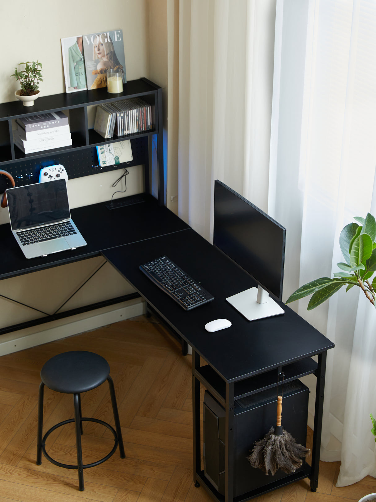 94.5 Inch Home Office Desk L shape gaming desk with LED storage Shelves METAL PANNEL and stool (BLACK) - V.I.P Digital Presence