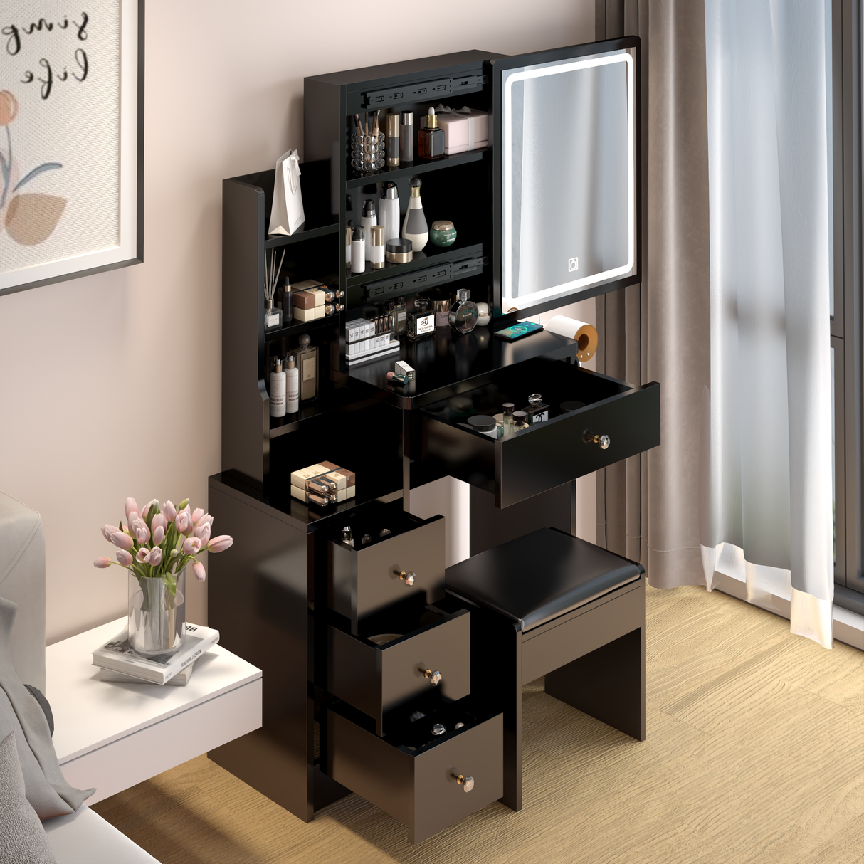 Dressing table+cushioned stool, 2 AC+2 USB power supplies, touch sliding LED mirror, tri color switch - V.I.P Digital Presence
