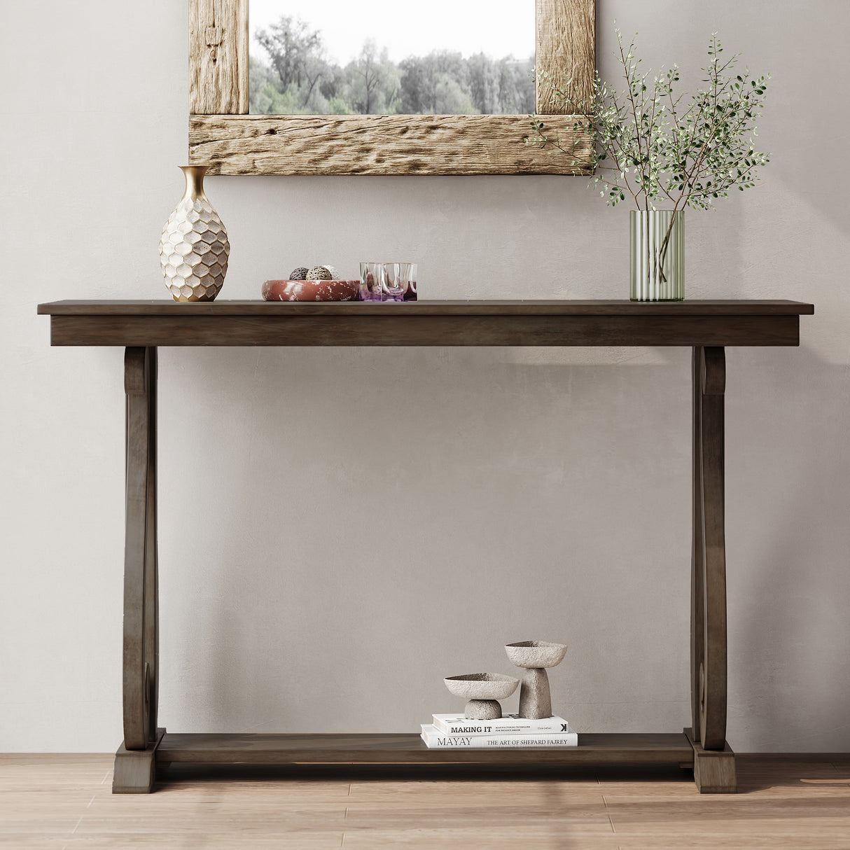 48-Inch Rustic Vintage Console Table --- Farmhouse Style Entryway Table with Open Shelf and Sturdy Construction (Walnut) - V.I.P Digital Presence