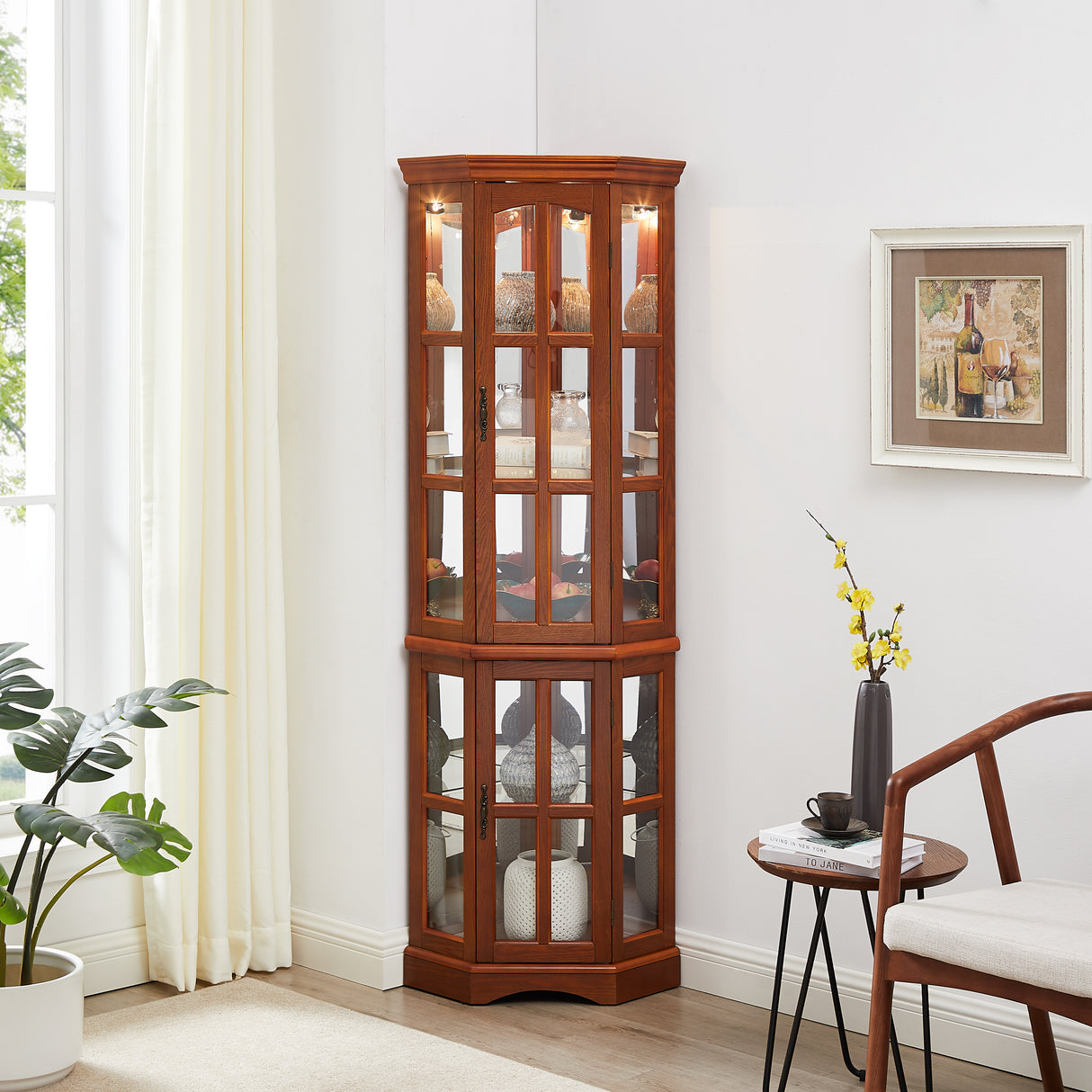 Corner Curio Cabinet with 5 Shelves and Lighting System, Oak(E26 light bulb not included) - V.I.P Digital Presence