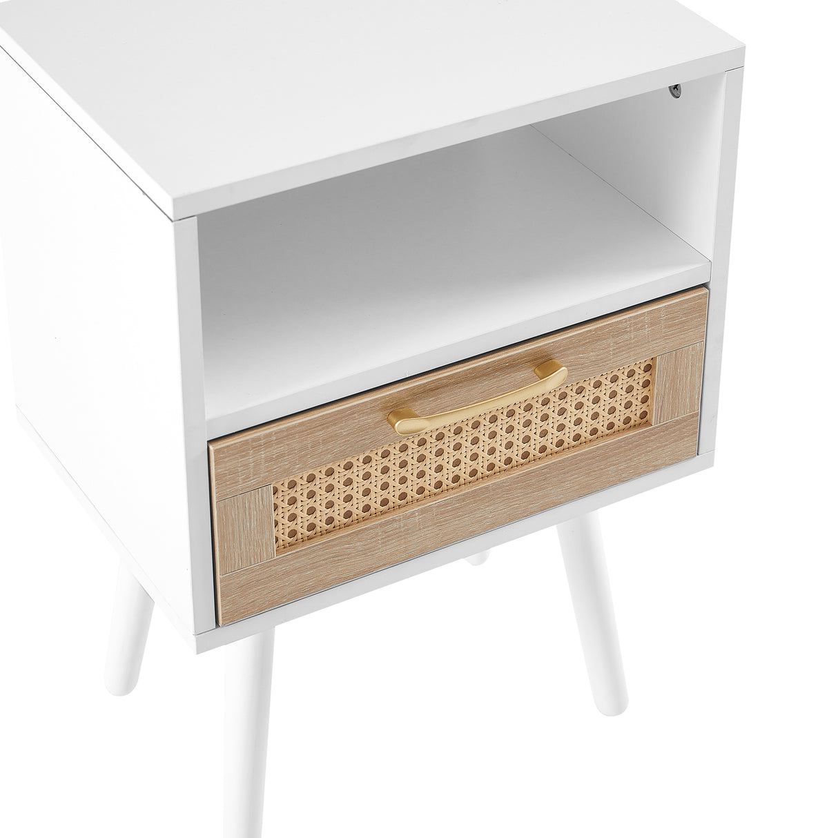 15.75" Rattan End table with drawer and solid wood legs Modern nightstand side table for living room white - V.I.P Digital Presence