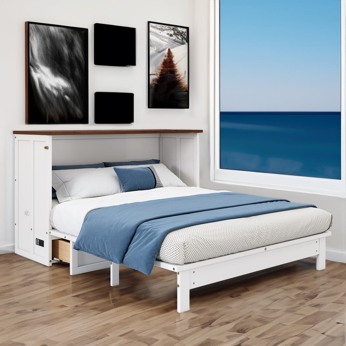 Solid Pine Murphy Bed Chest with Charging Station and Large Storage Drawer for Home Office or Small Room , Queen, White+Walnut - V.I.P Digital Presence