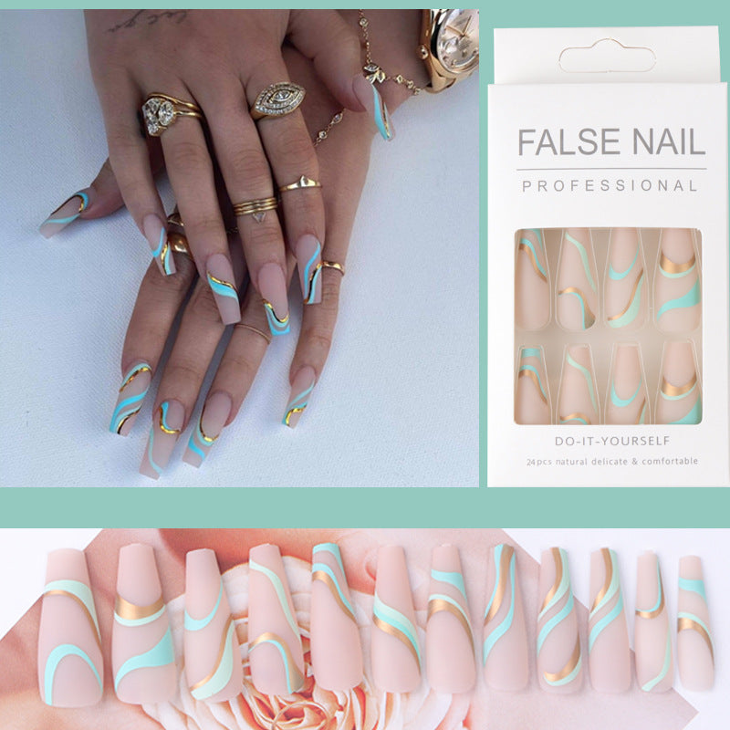 Gold Line Wave Pattern Long Ballet Nail Printed Gold Frosted Manicure Ins Matte Pop Style Contrast Color Wearing Nail - V.I.P Digital Presence