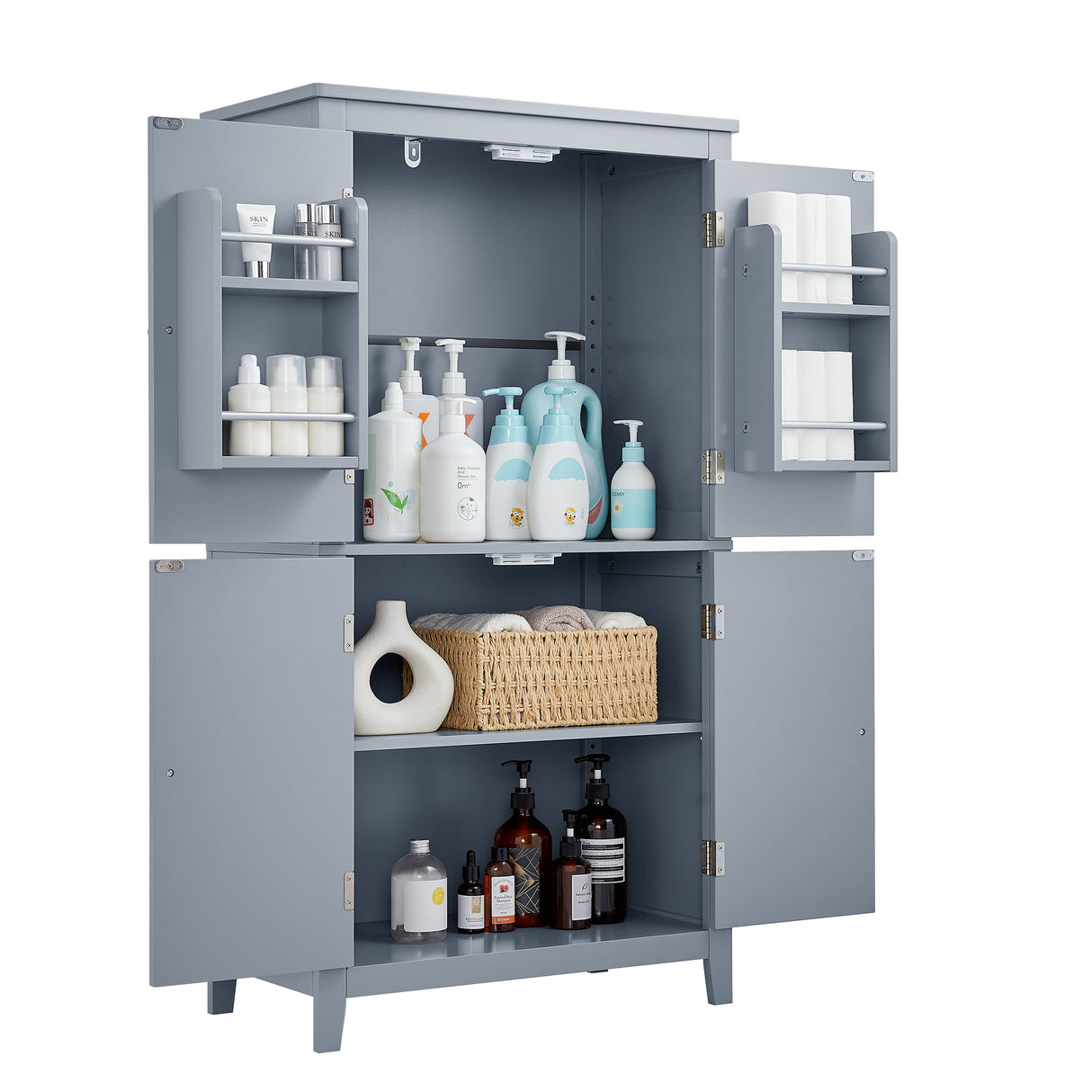 Bathroom floor storage cabinet, bathroom storage cabinet, 4-door independent cabinet, adjustable shelf, adaptive shelf, gray - V.I.P Digital Presence
