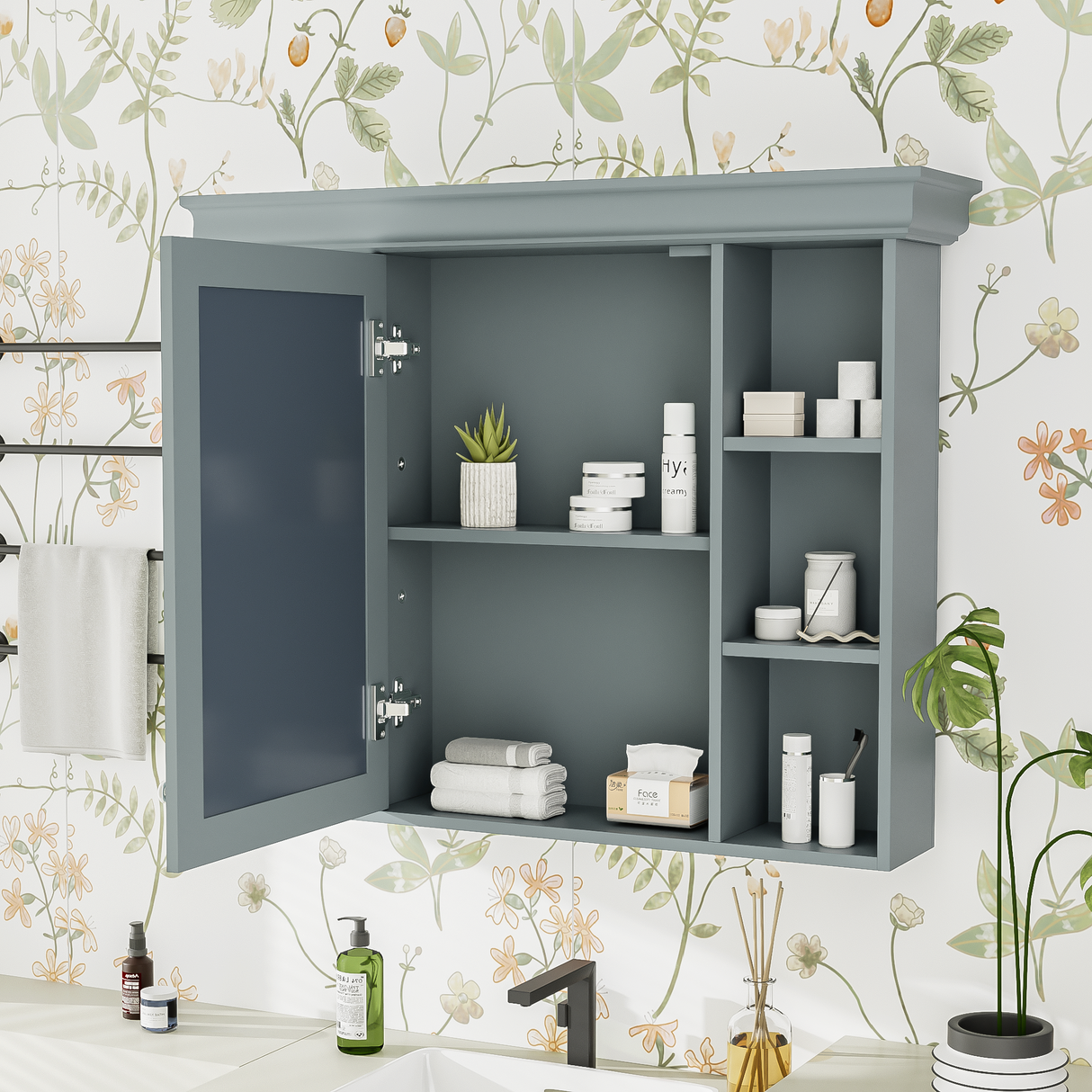 35 ''x 28' 'blue wall mounted bathroom storage cabinet with mirror door and medication cabinet with 6 open shelves - V.I.P Digital Presence