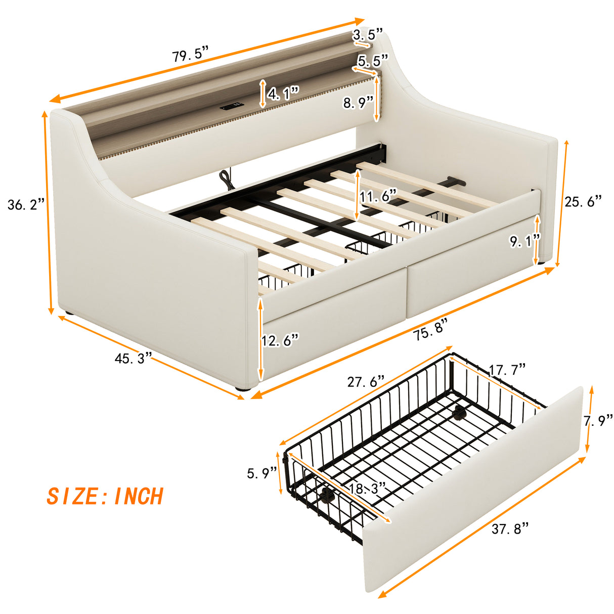 Twin Size Daybed with Storage Drawers, Upholstered Daybed with Charging Station and LED Lights, Beige - V.I.P Digital Presence