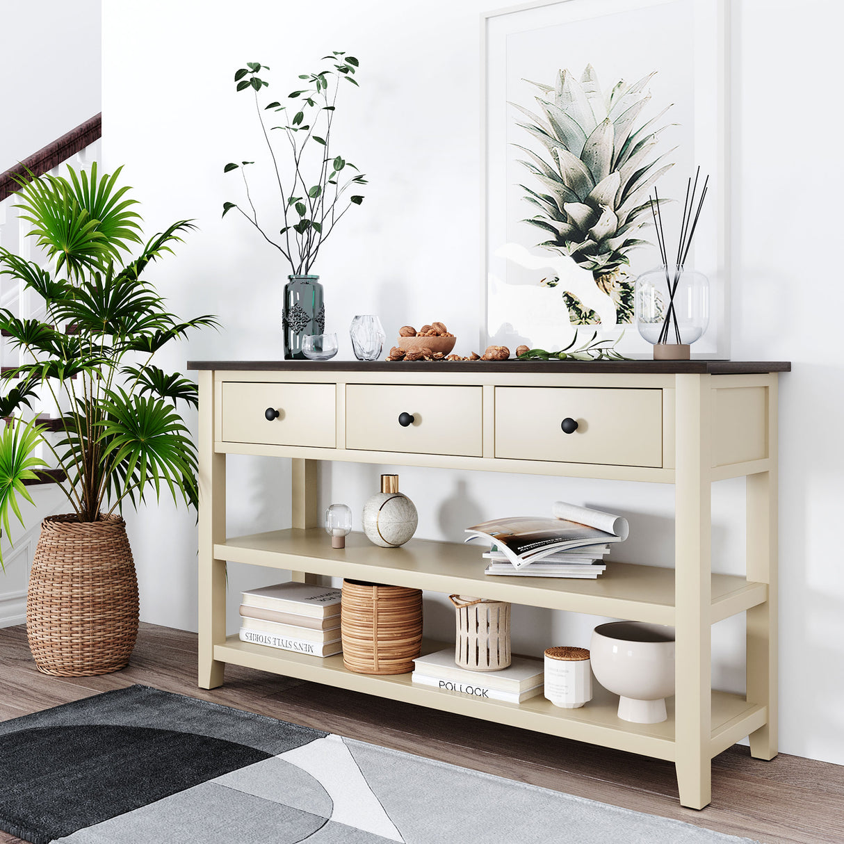 Retro Design Console Table with Two Open Shelves, Pine Solid Wood Frame and Legs for Living Room (Espresso+Beige) - V.I.P Digital Presence