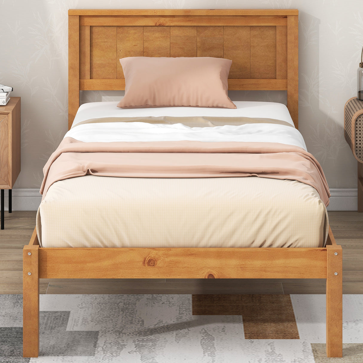 Platform Bed Frame with Headboard Wood Slat Support No Box Spring Needed Twin Oak
