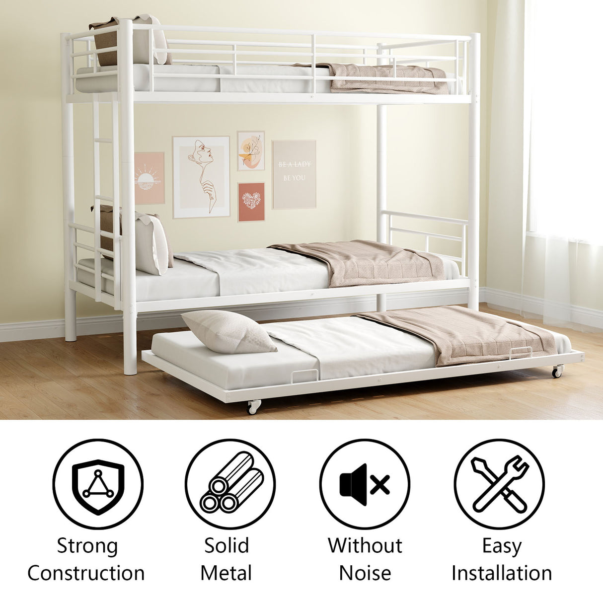 Heavy-duty Sturdy Meta Twin over Twin with Trundle Bunk Bed/l/ Noise Reduced/ Safety Guardrail/No Box Spring Needed,White - V.I.P Digital Presence