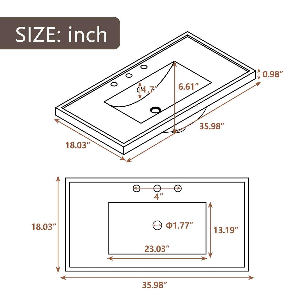 36" Single Bathroom Vanity Top with White Basin 3-Faucet Holes Ceramic White - V.I.P Digital Presence