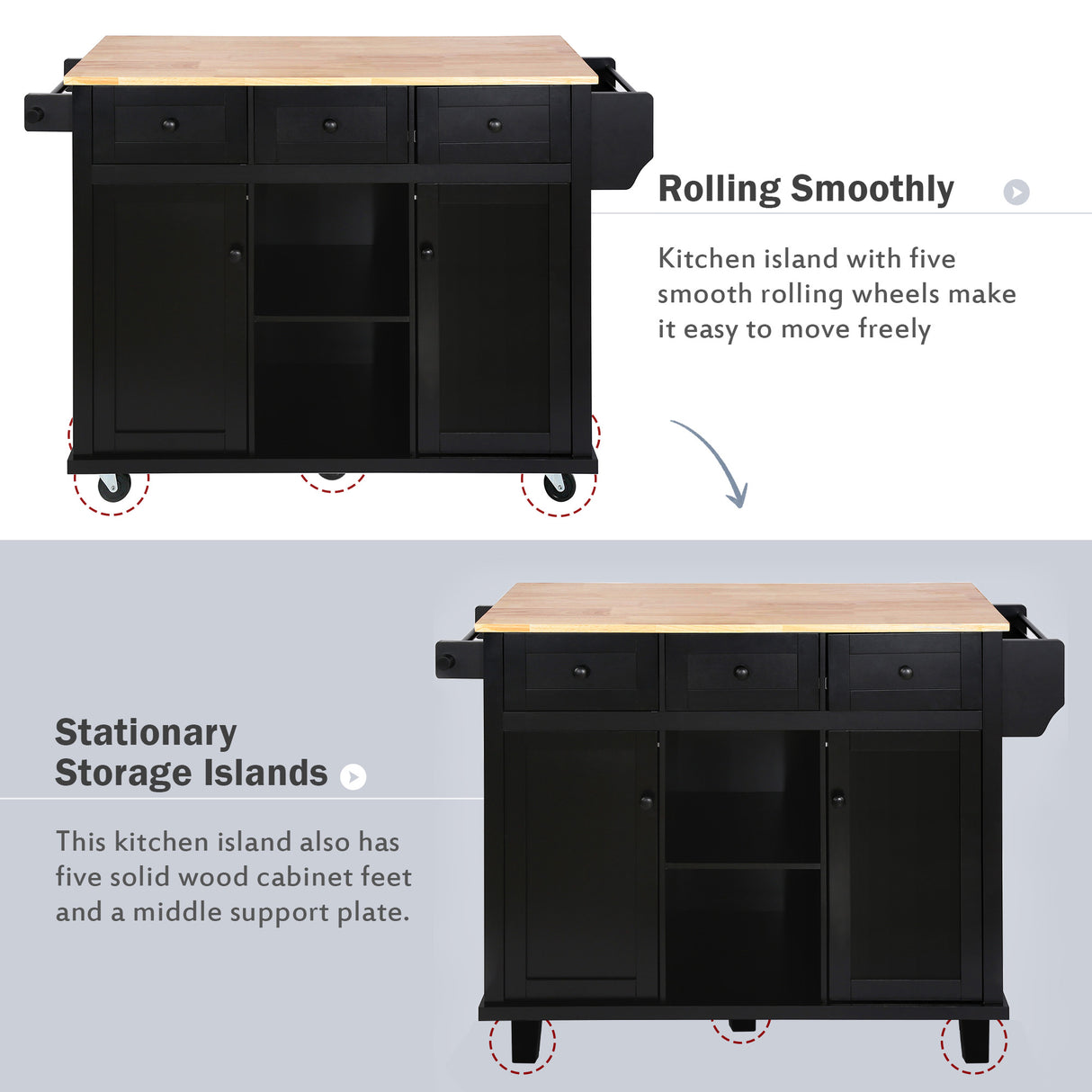 Kitchen trolley with rubber wood leaf countertop, 5-wheel kitchen island, storage cabinet and 3 dining drawers, black - V.I.P Digital Presence