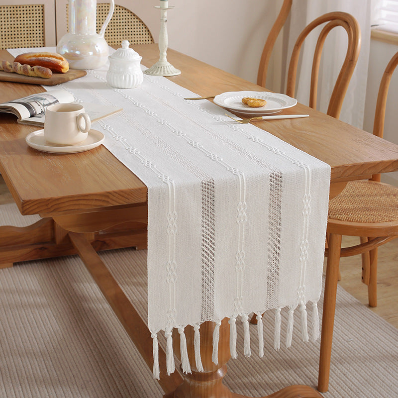 Hand - woven cotton and linen table flag with hollow tassels, suitable for household and rural dining tables - V.I.P Digital Presence