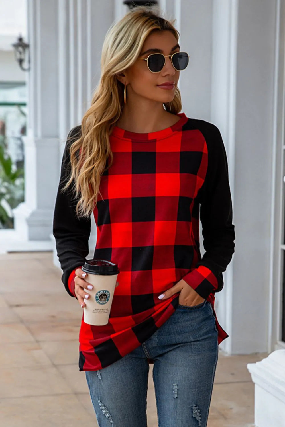 Plaid Round Neck Long Sleeve T-Shirt - V.I.P Digital Presence