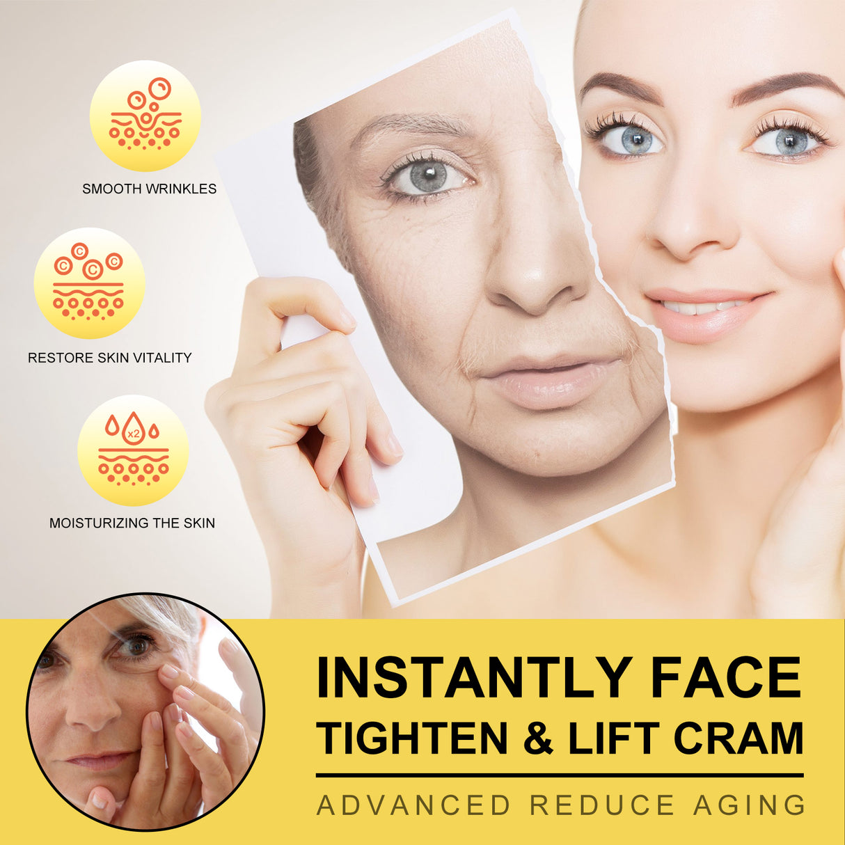 Crema reafirmante facial, aclara líneas finas y arrugas, reafirma y suaviza la piel, crema antiedad hidratante e iluminadora.