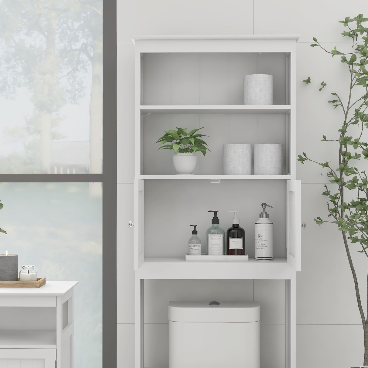 Over The Toilet Rack 2 -Tier Toilet Bathroom Spacesaver Storage Shelf with 2 Doors Wood Storage Organizer Cabinet - V.I.P Digital Presence