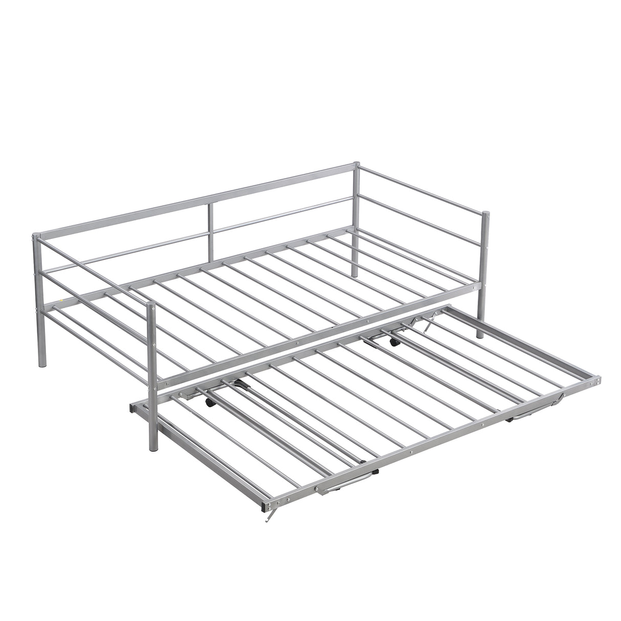 Twin Size Metal Daybed with Adjustable Trundle Pop Up Trundle Silver