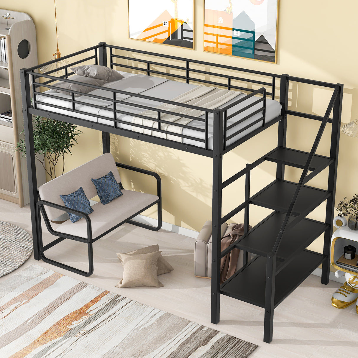 Twin Size Metal Loft Bed with Bench and Storage Staircase Black