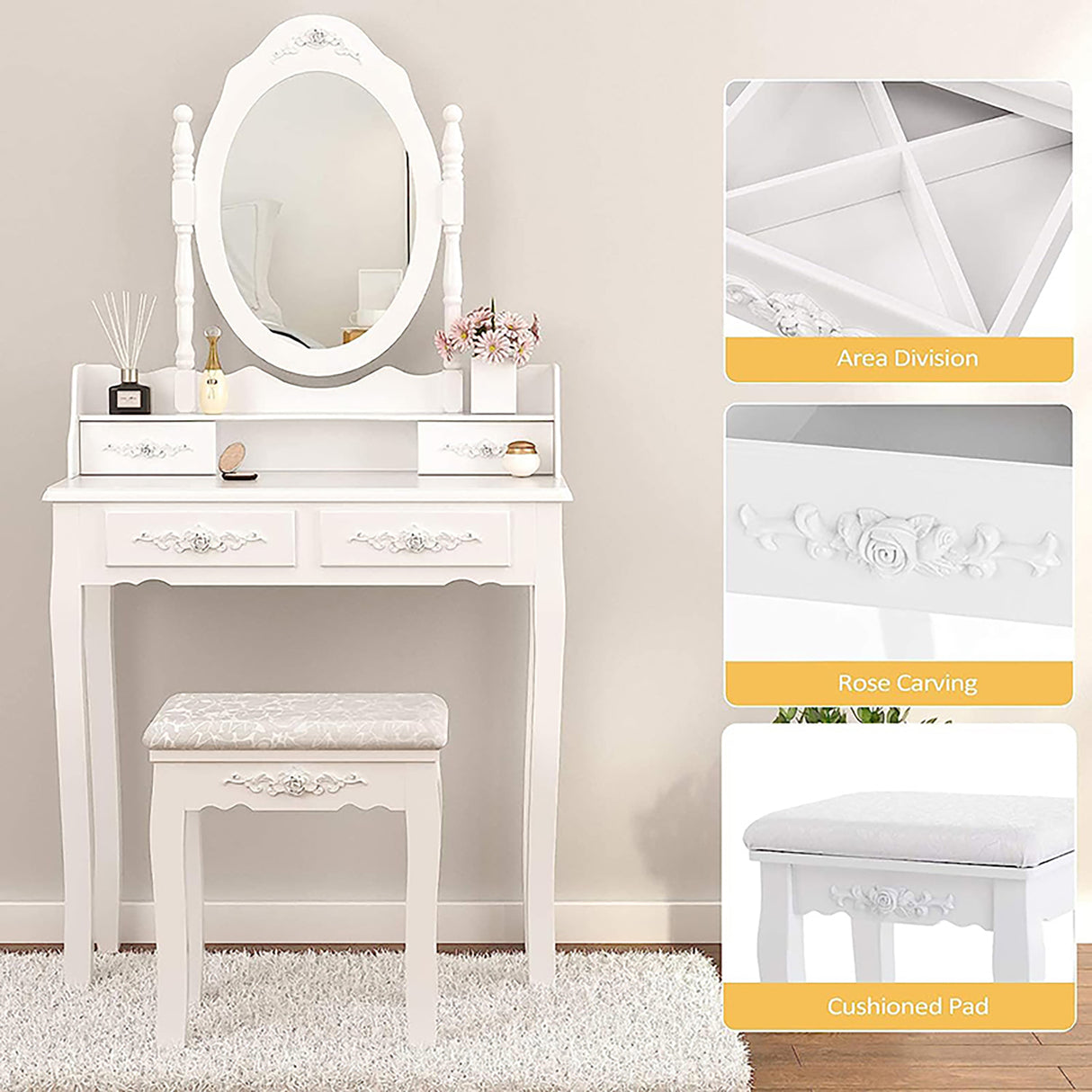 Vanity Table Set with 4 Drawer, Makeup Dressing Table w/Cushioned Stool, Girls Women Bedroom Furniture Set Oval Mirror - V.I.P Digital Presence