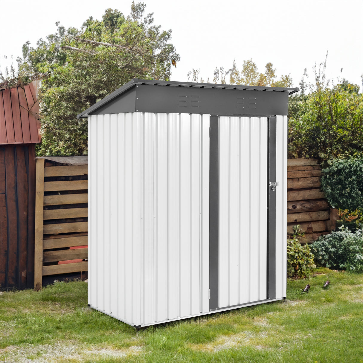 XWT016 Garden Metal Storage Lifter Shed Gray White 5x3x6ft outdoor storing tools Rainproof Hinge door version - V.I.P Digital Presence
