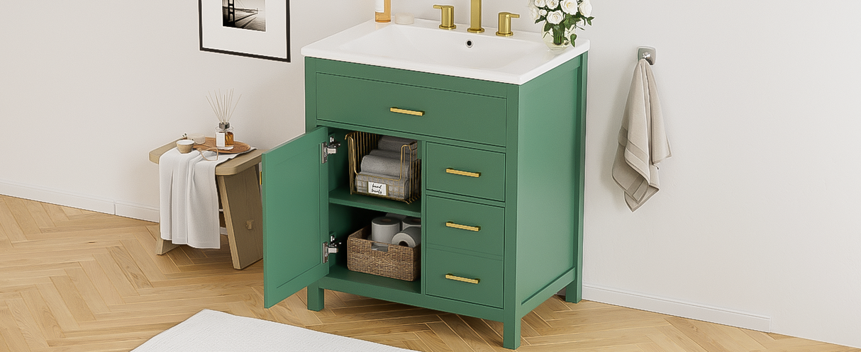 30-Inch Green Bathroom Vanity with Ceramic Sink and Ample Storage - Ideal Choice for Small Bathrooms - V.I.P Digital Presence