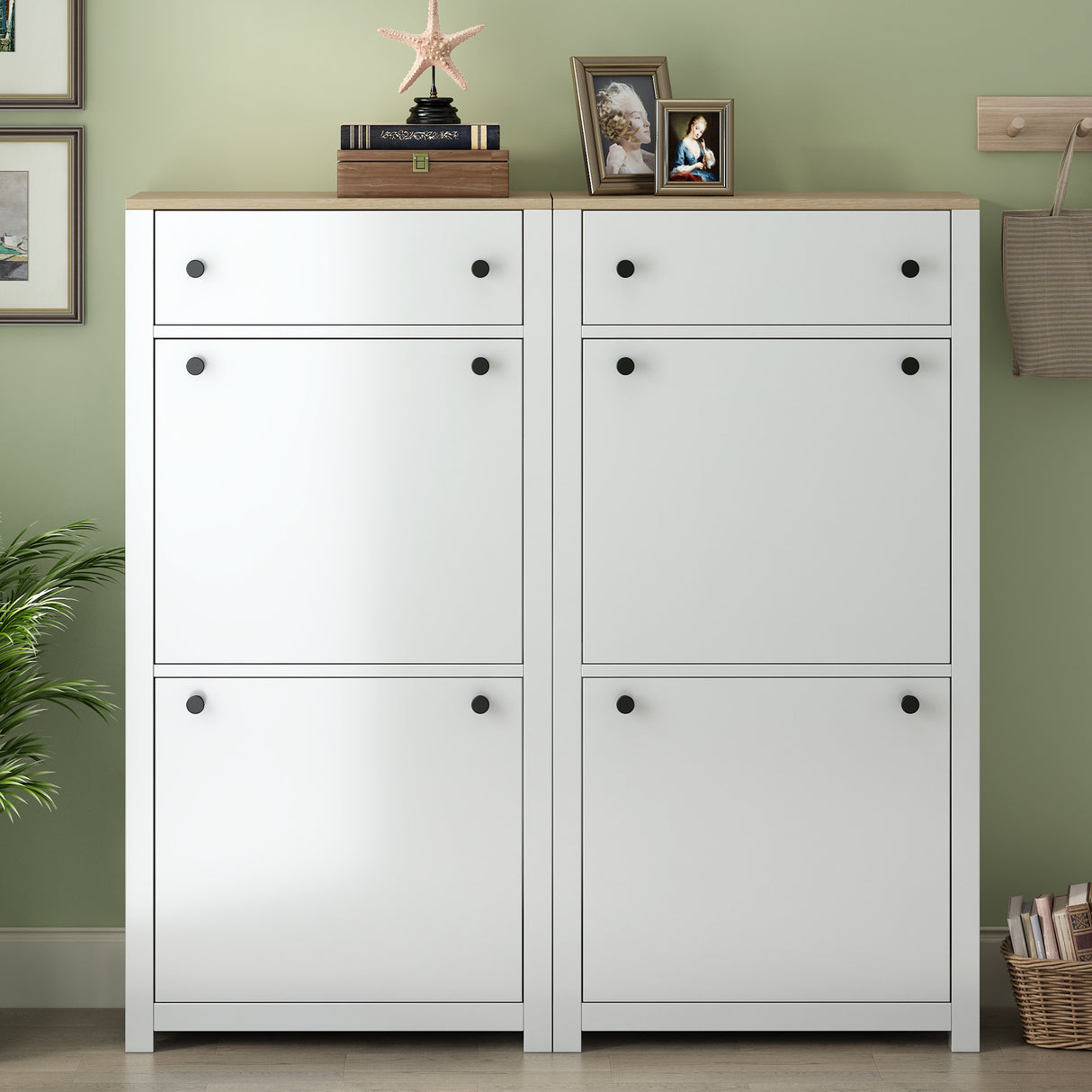 ONTREND ultra-thin shoe cabinet set with 4 flip drawers and adjustable panel top shoe rack, white - V.I.P Digital Presence