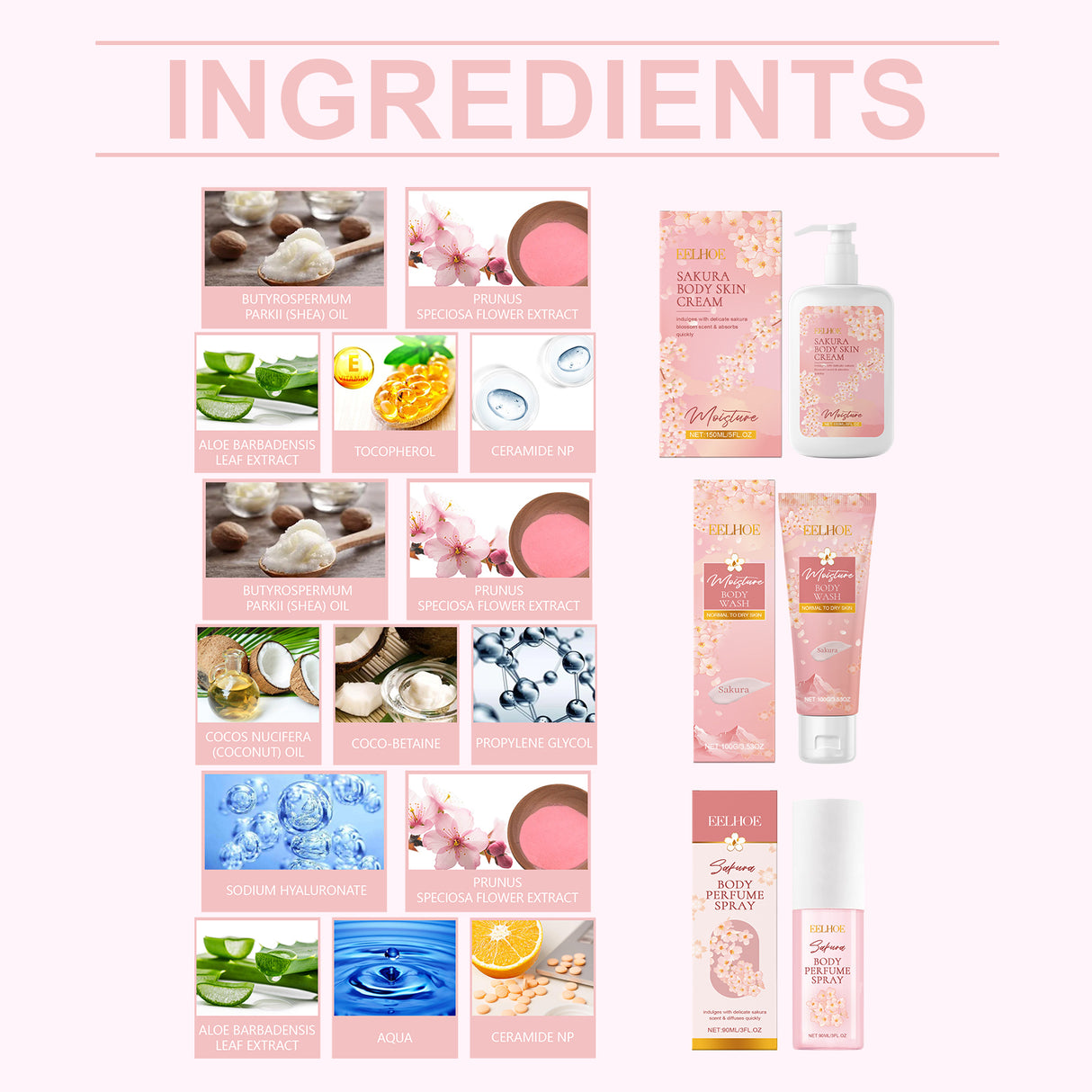 Set de cuidado corporal Cherry Blossom, agua limpiadora suave con fragancia hidratante y nutritiva para la piel.