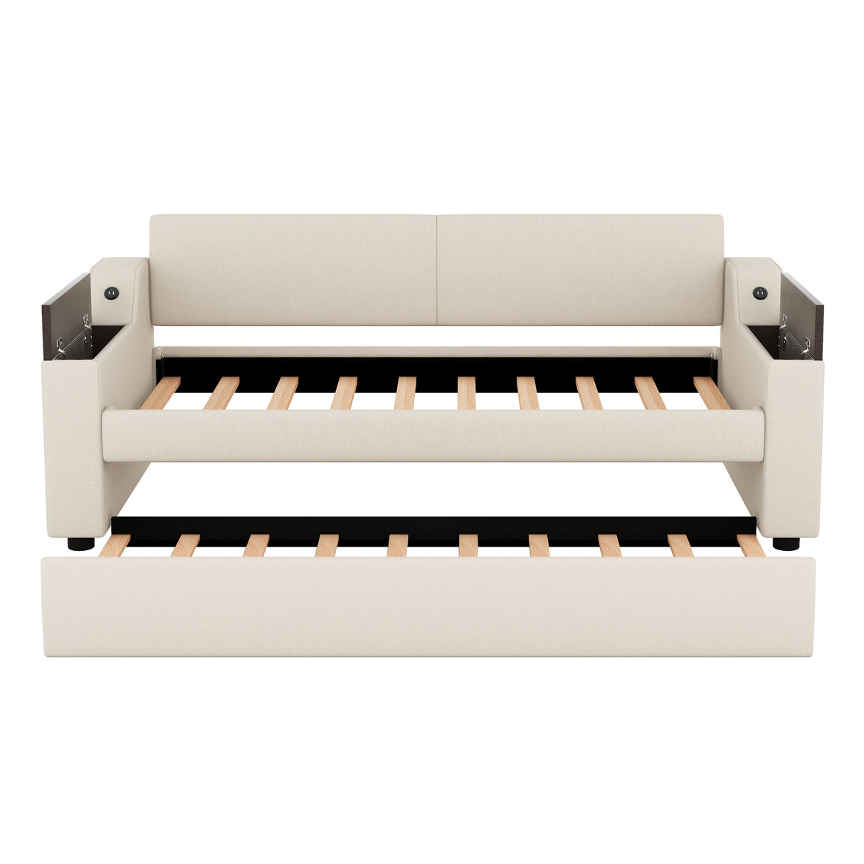 Twin Size Upholstery Daybed with Storage Arms Trundle and USB Design Beige