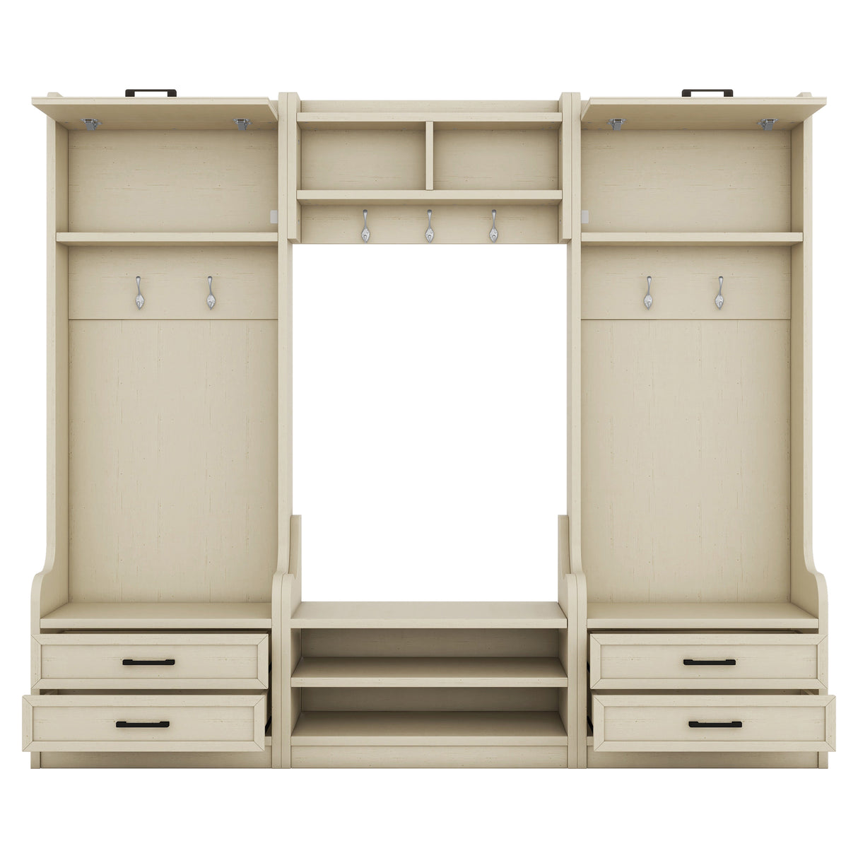 Four in one detachable hall tree with drawers and cabinets, 7 hooks, multifunctional corridor hangers, antique beige shoe stools - V.I.P Digital Presence