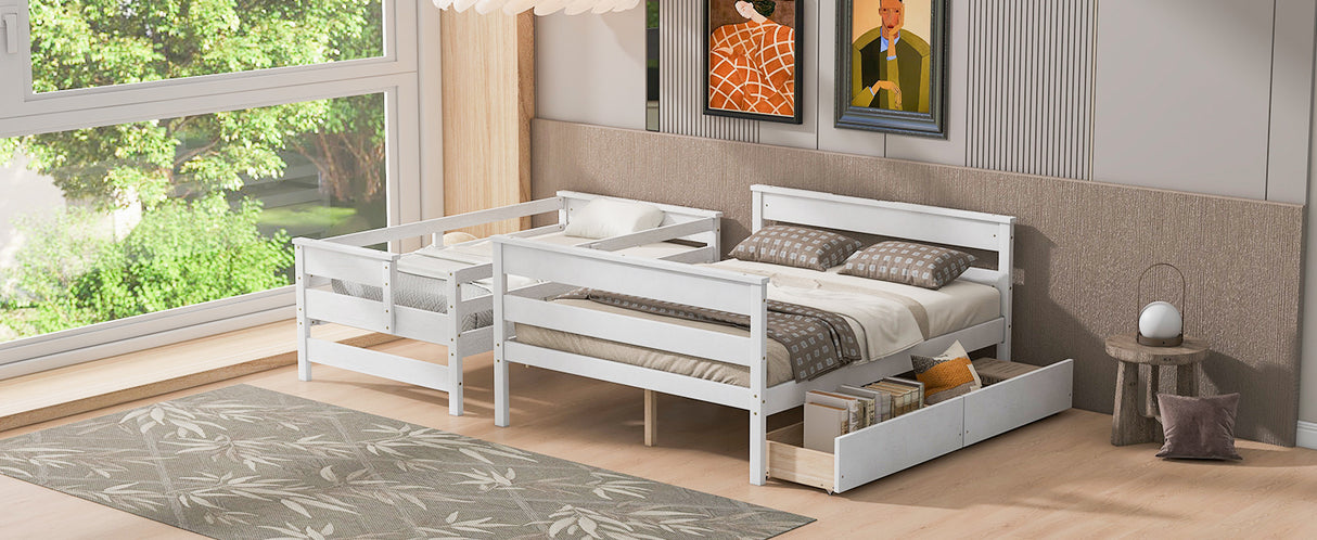 Wood Twin over Full Bunk Bed with 2 Drawers White