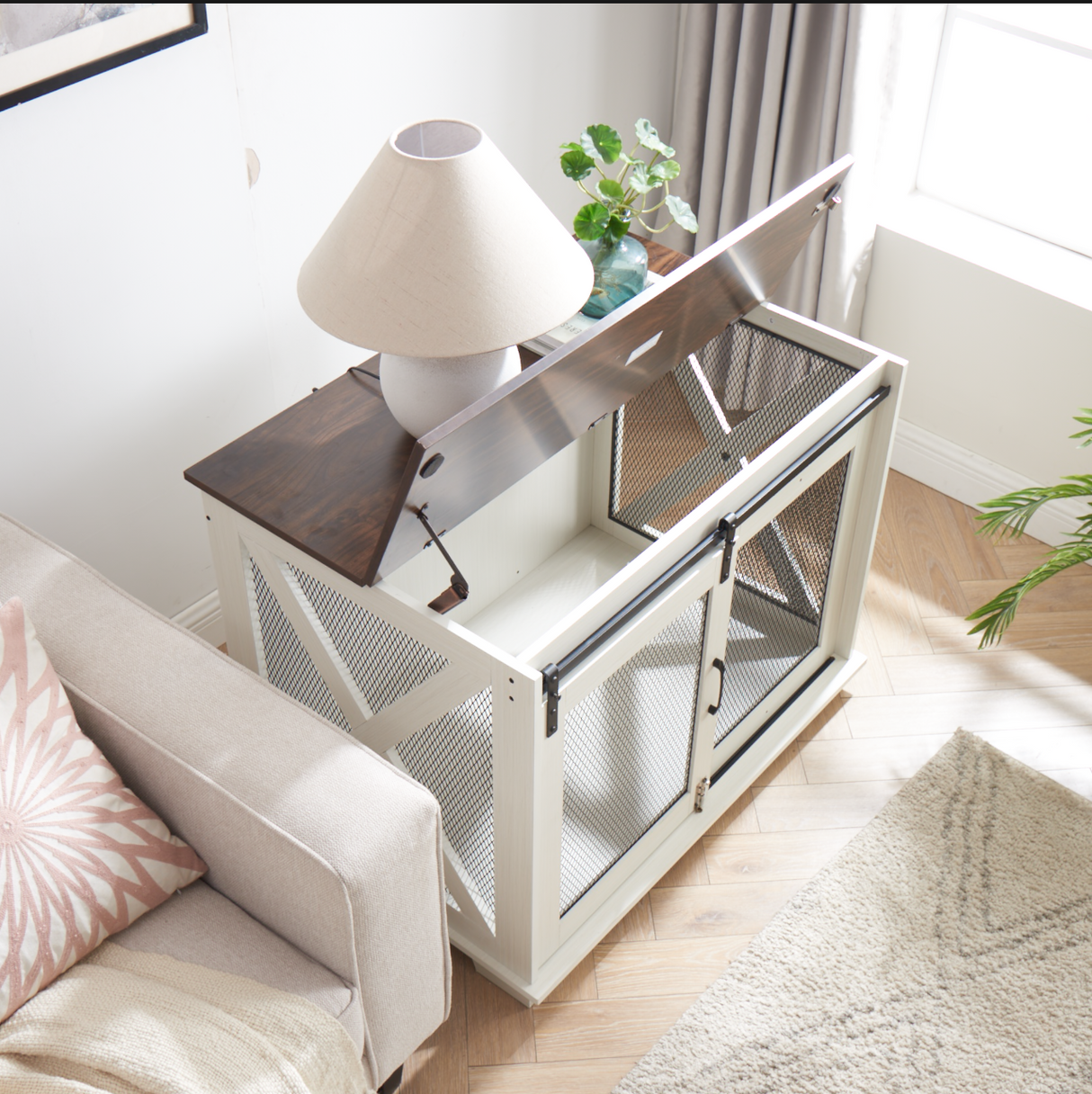 Farm kennel Flat noodles furniture with sliding barn door, farm wooden kennel end table, dog house with removable partition - V.I.P Digital Presence