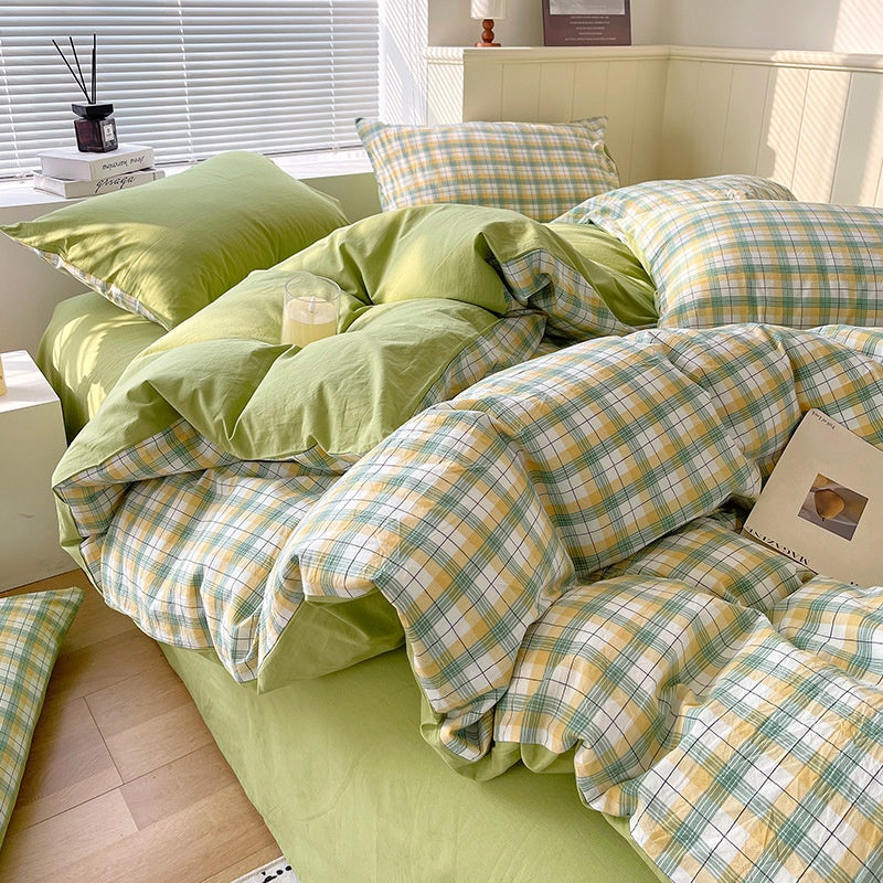 Juego de ropa de cama de algodón lavado teñido de algodón puro de clase A, sábana plana, funda de edredón, sábana ajustable, funda de edredón, juego de tres piezas a rayas