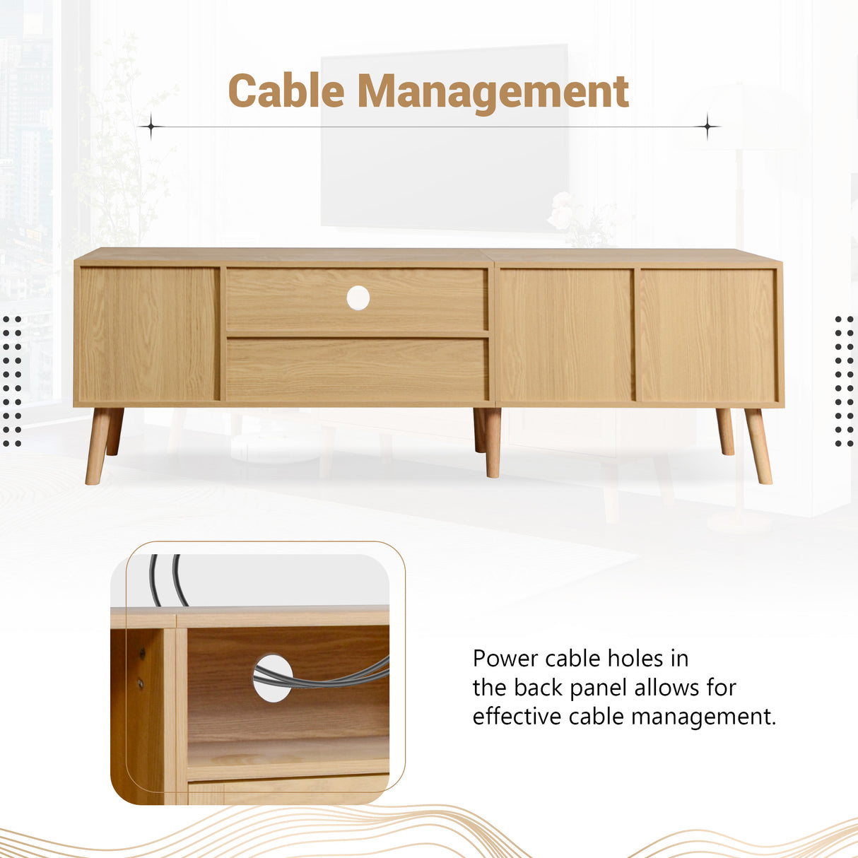 Vine TV stand with 2 cabinets and 2 open shelves, suitable for TVs under 80 inches, with solid wood legs for TV cabinets - V.I.P Digital Presence