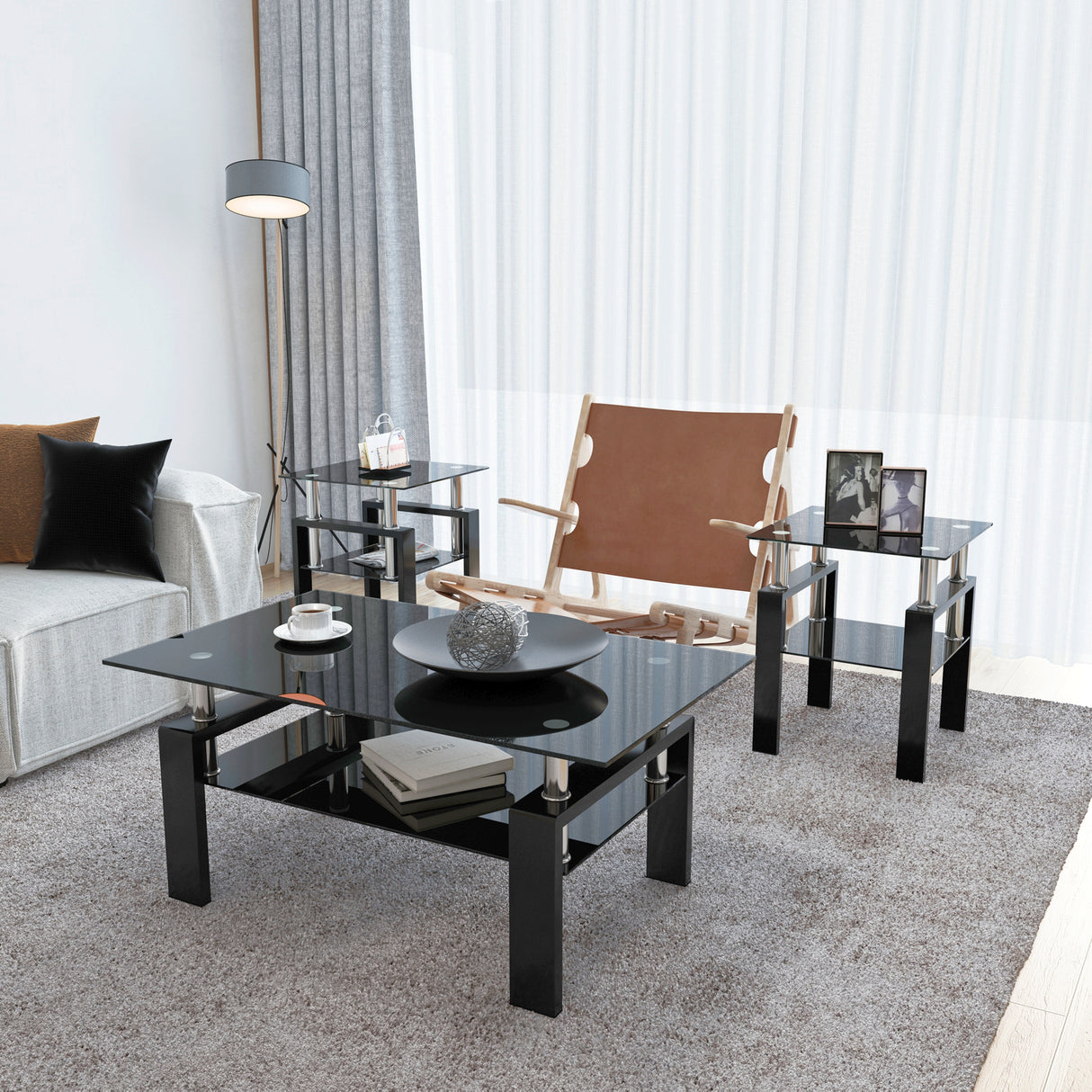 Set of 2, Modern Tempered Glass Tea Table Coffee Table End Table, Square Table for Living Room, Black - V.I.P Digital Presence