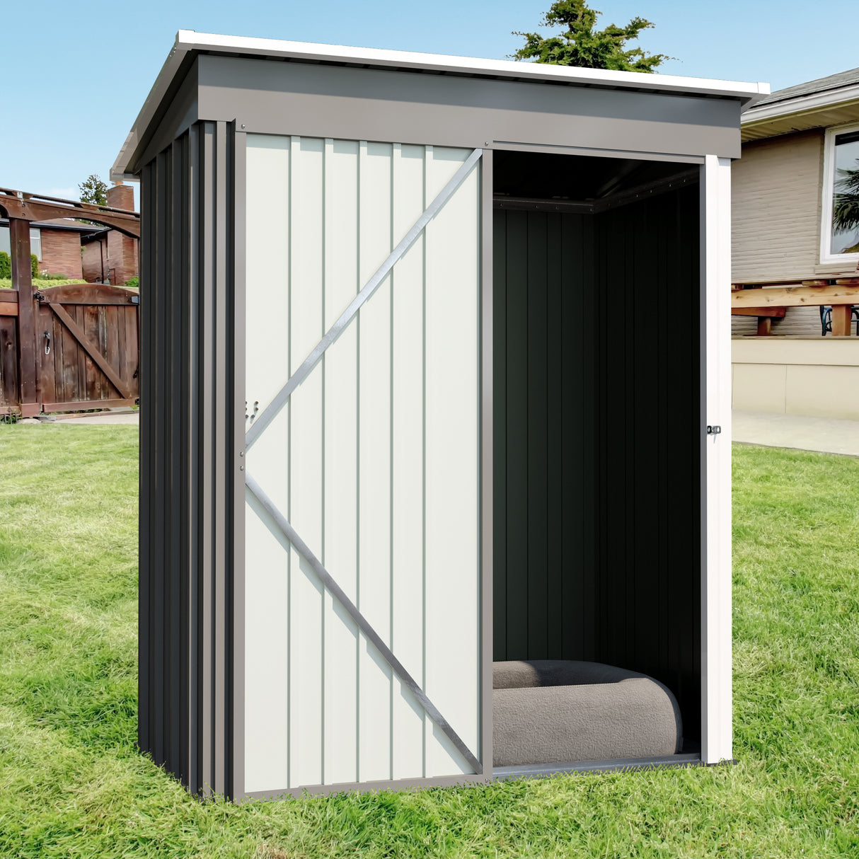 5 * 3FT outdoor storage shed, tool shed with sloping roof and lockable door, backyard garden metal shed, courtyard lawn, gray - V.I.P Digital Presence