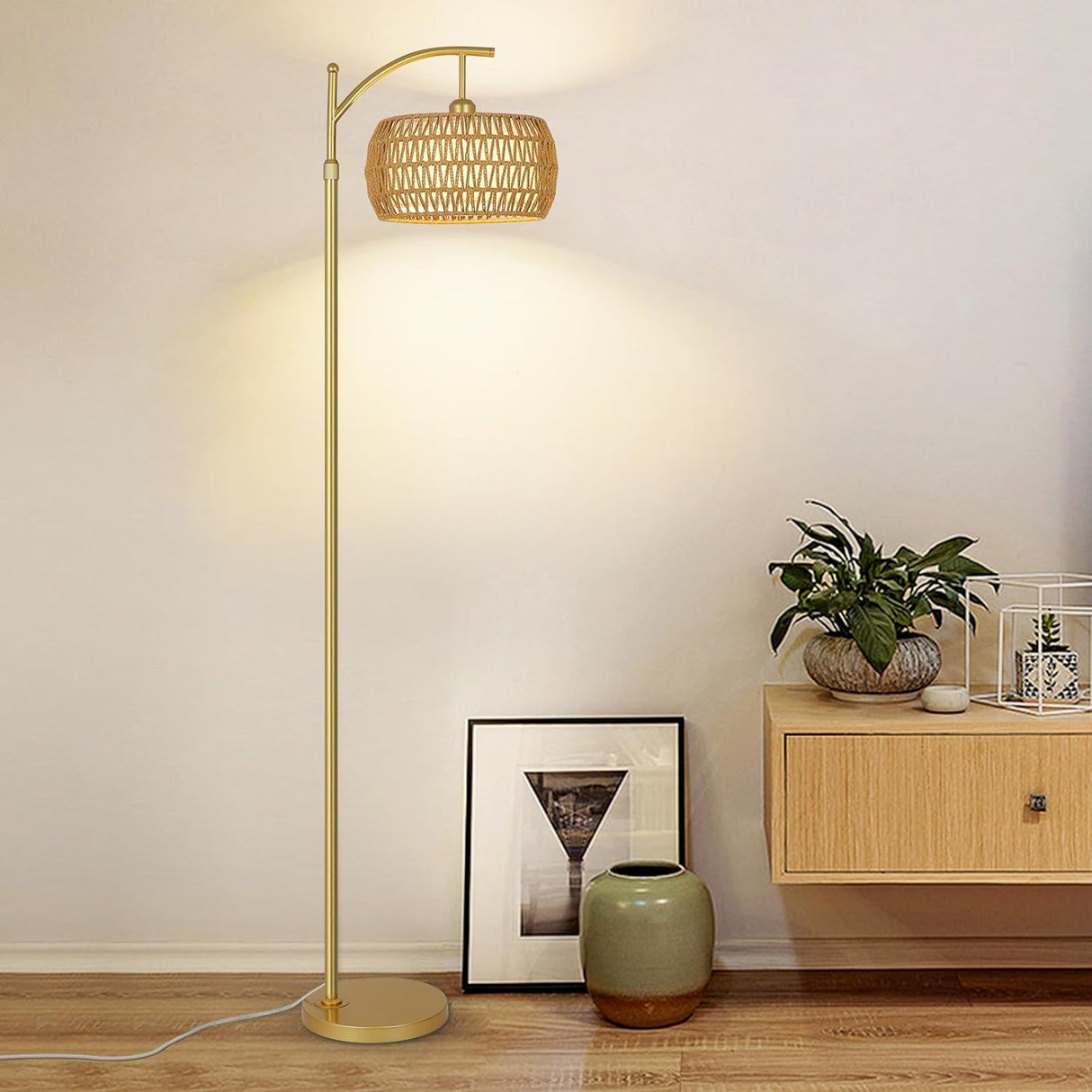 Arc Floor Lamp with 3 Color Temperatures, LED Gold Floor Lamp with Remote & Stepless Dimmable Bulb, Boho Standing Lamp - V.I.P Digital Presence