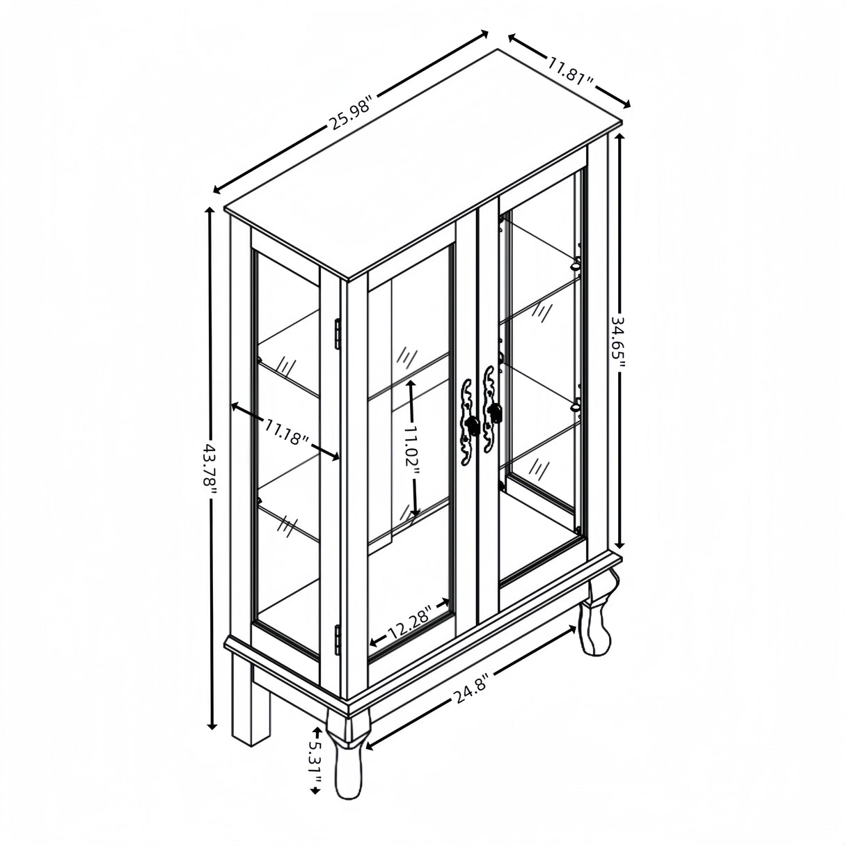 Dual door Curio cabinet with tempered glass doors, mirrored back panel and adjustable shelves, home lighting display cabinet Oak - V.I.P Digital Presence