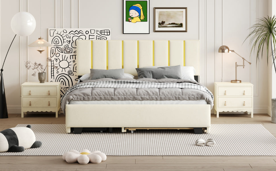Queen Size Upholstered Platform Bed with 2 Drawers and 1 Trundle, Classic Metal Strip Headboard Design, Beige - V.I.P Digital Presence