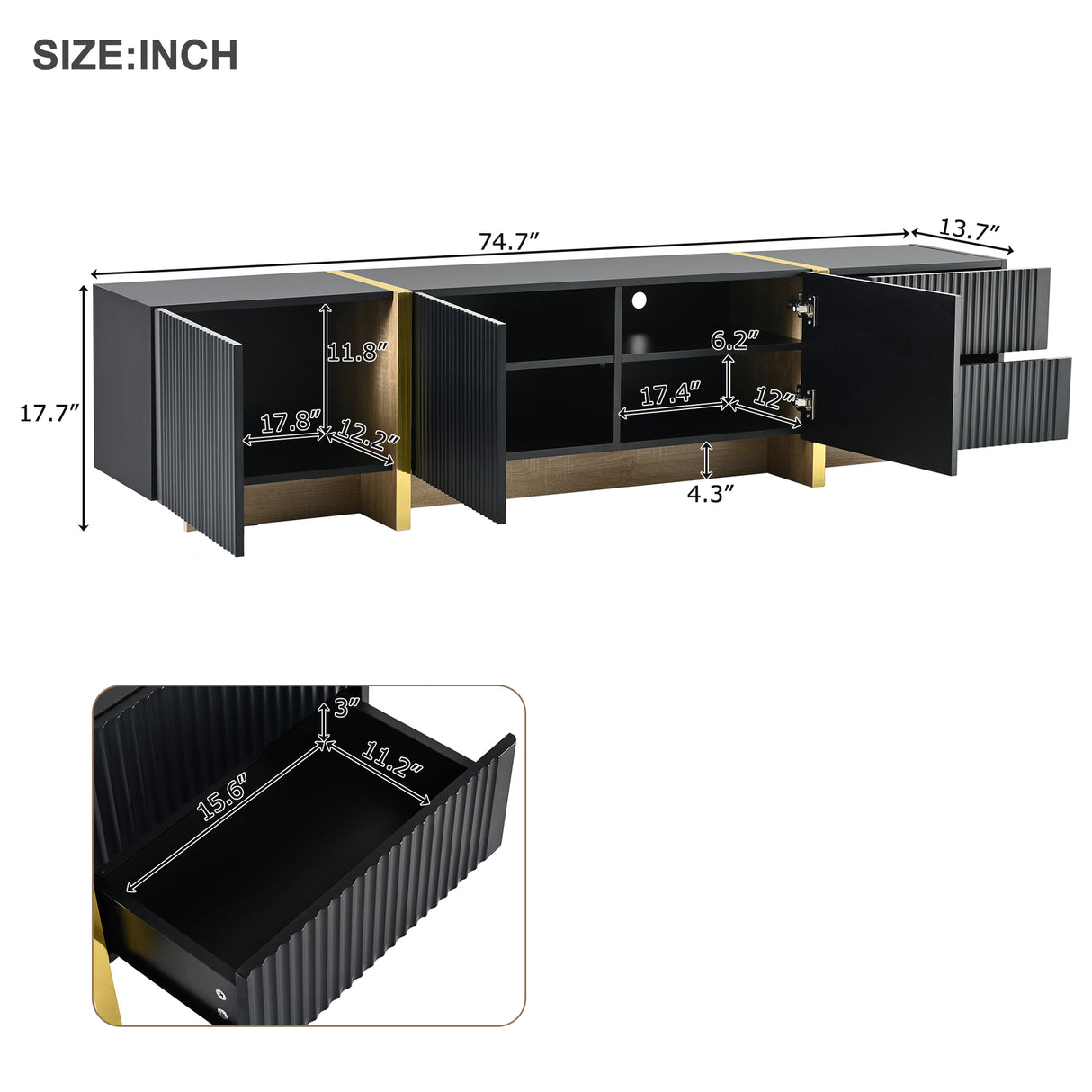 Luxury Fluted TV Stand for TVs Up to 80'', Modern Entertainment Center with Storage Cabinets & Drawers Black - V.I.P Digital Presence