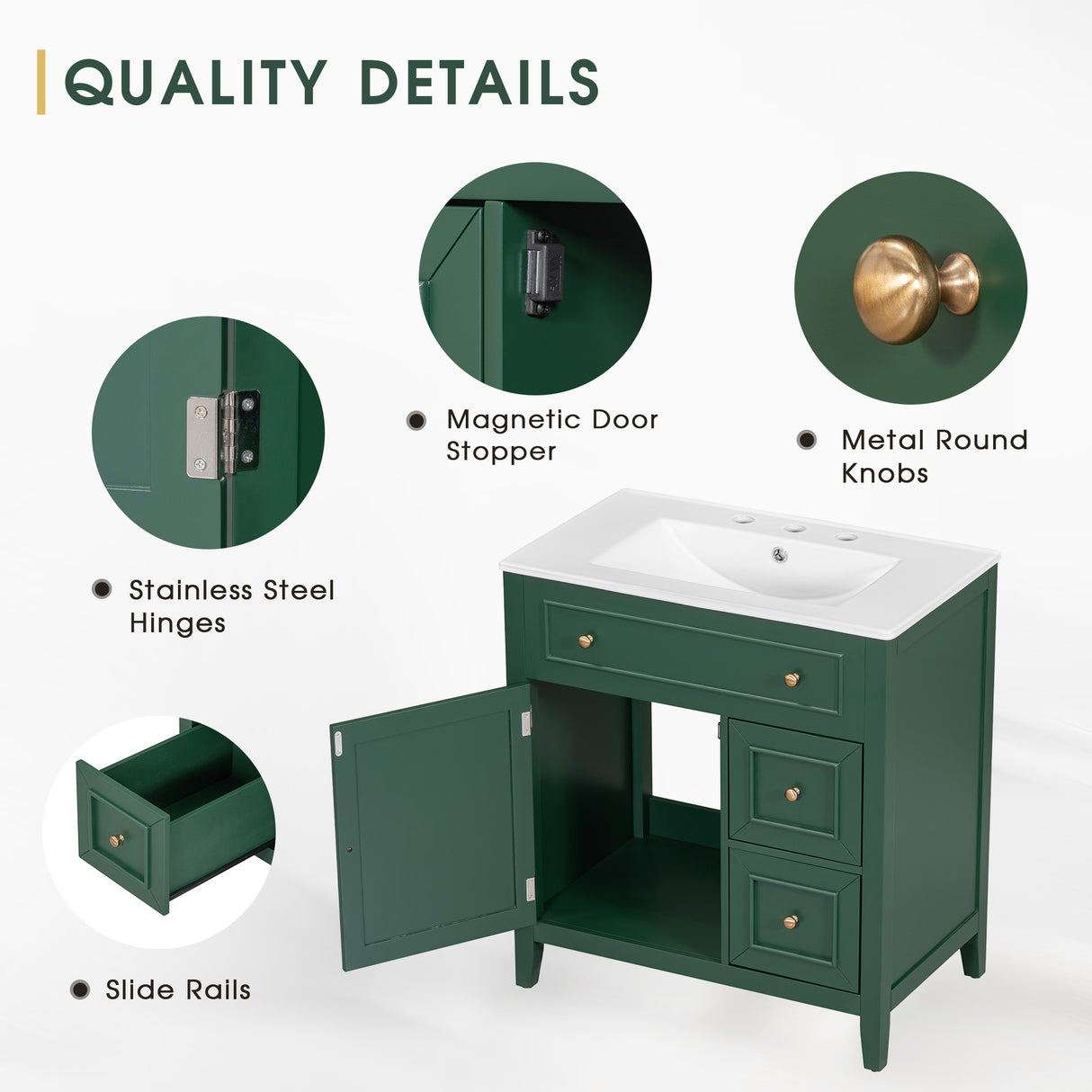 30" Bathroom Vanity with Sink Top, Bathroom Vanity Cabinet with Door and Two Drawers, Solid Wood Frame, One Package, Green - V.I.P Digital Presence
