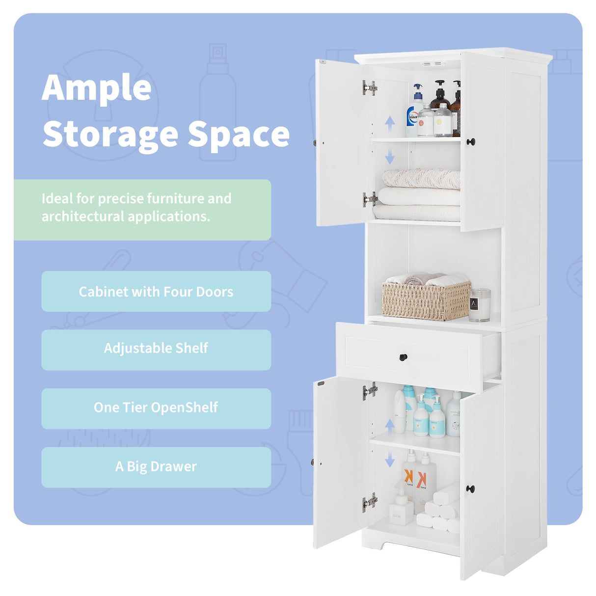 Tall Bathroom Cabinet with Four Doors, Large Storage Space Open Shelve, Upper Storage Cabinet, Whit - V.I.P Digital Presence