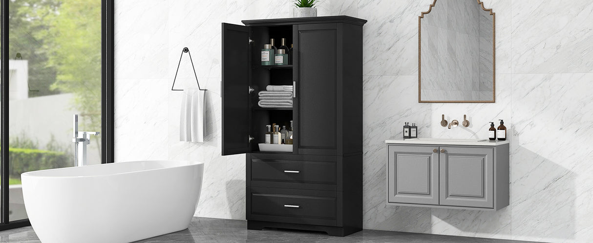Tall Bathroom Storage Cabinet, Cabinet with Two Doors and Drawers, Adjustable Shelf, MDF Board, Black - V.I.P Digital Presence