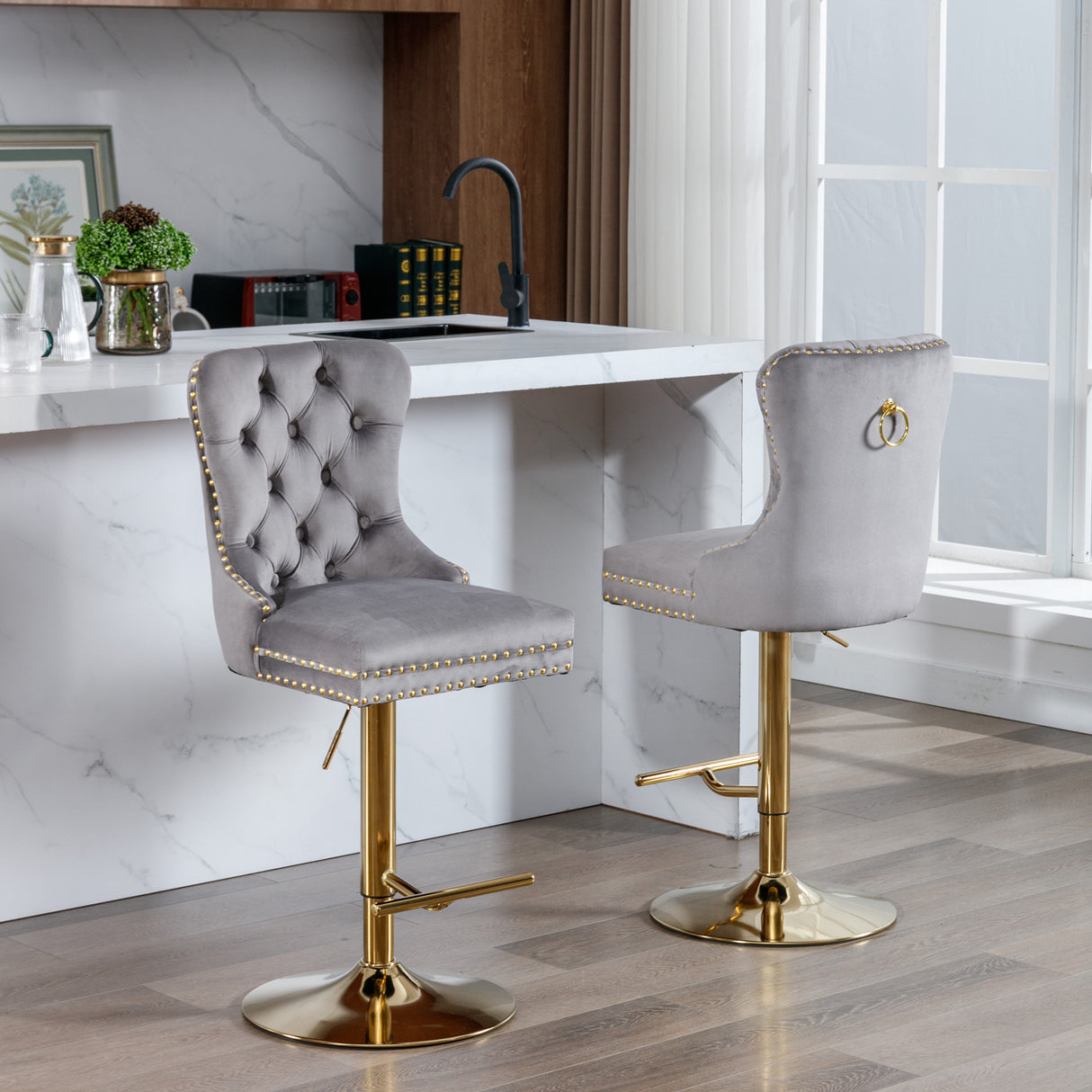 Thick gold rotating velvet bar stool with adjustable seat height of 25-33 inches and backrest (gray, set of 2 pieces)