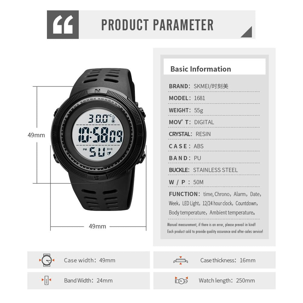 SKMEI 1681 Body Temperature Men's Watch Electronic 5Bar Waterproof Long Battery Life Alarm Clock LED Healthy Male Sport Watch - V.I.P Digital Presence