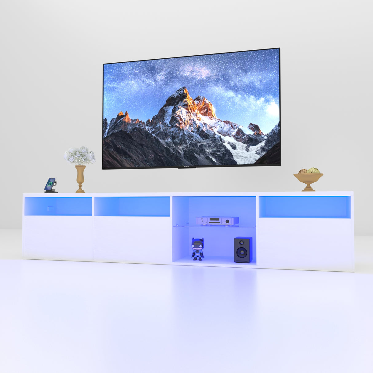 TV console with storage cabinet, 82.6-inch long LED TV stand with 31 mode switching lights (white, suitable for 75/80 inch TVs) - V.I.P Digital Presence