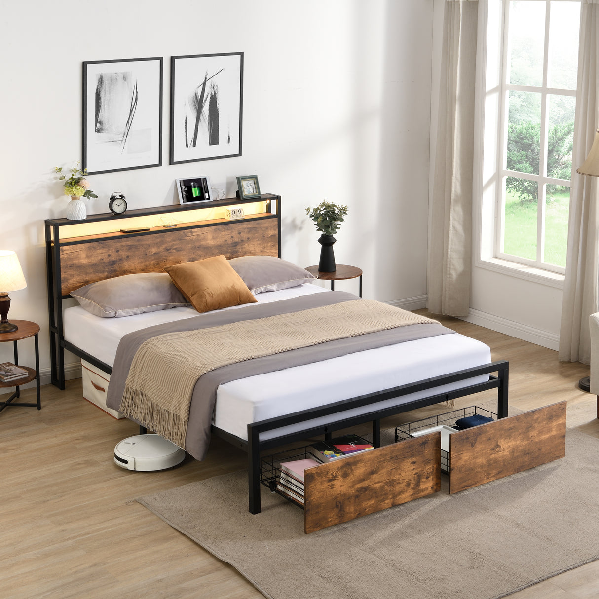 Large bed frame with storage headboard and 2 drawers, LED light bed, charging station, metal platform bed - V.I.P Digital Presence