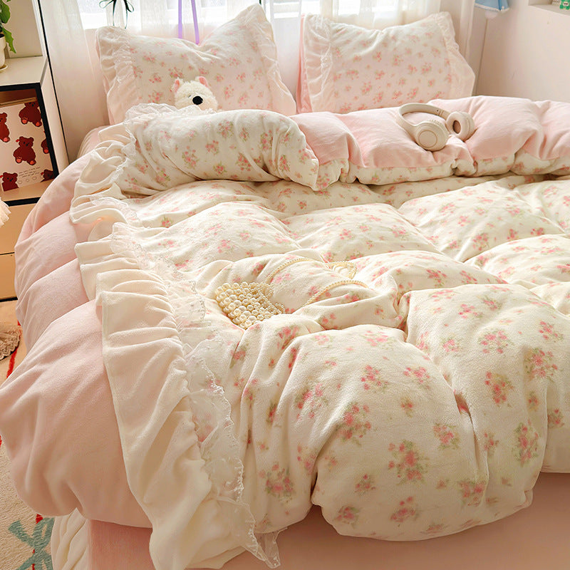 Princess style milk velvet bed four piece set, winter thick double-sided velvet duvet cover with velvet bed sheet bedding - V.I.P Digital Presence