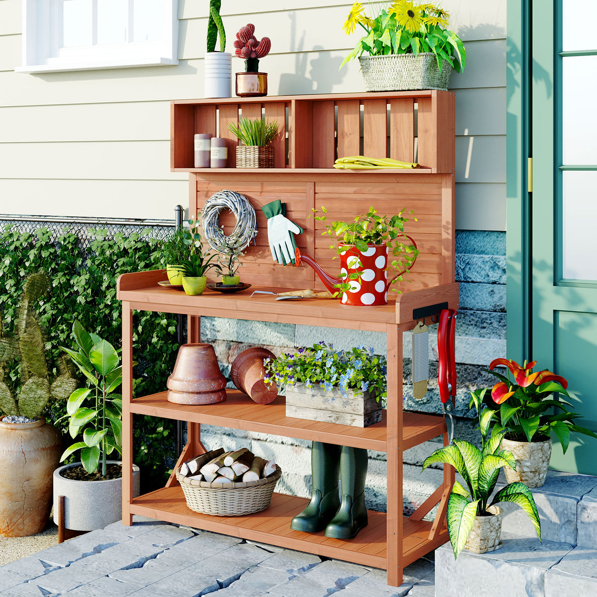 65" Large Wooden Farmhouse Rustic Outdoor Potting Bench Table Garden Potting Bench with 4 Storage Shelves and Side Hook,Natural - V.I.P Digital Presence