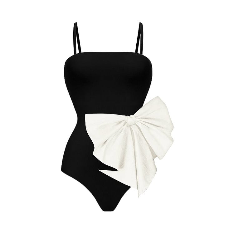 One piece swimsuit bow decoration sweet girl black and white contrasting swimsuit female - V.I.P Digital Presence