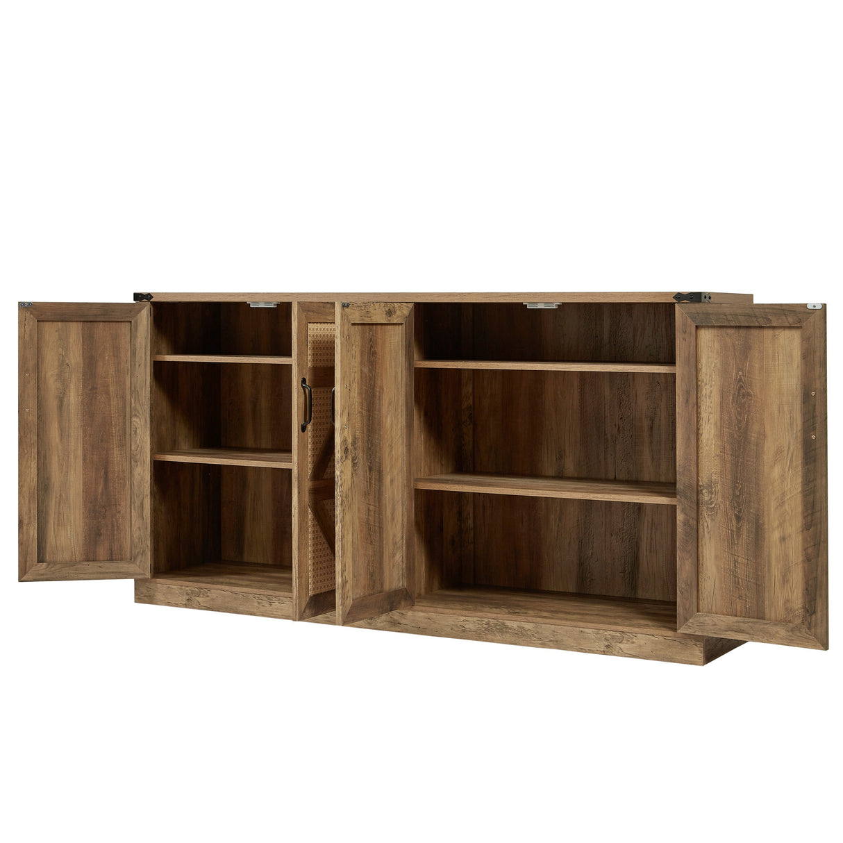 65-Inch Rustic Oak Color Faux Rattan Sideboard, Barn Door Rustic Style Sideboard, Living Room, Entryway, Bedroom - V.I.P Digital Presence