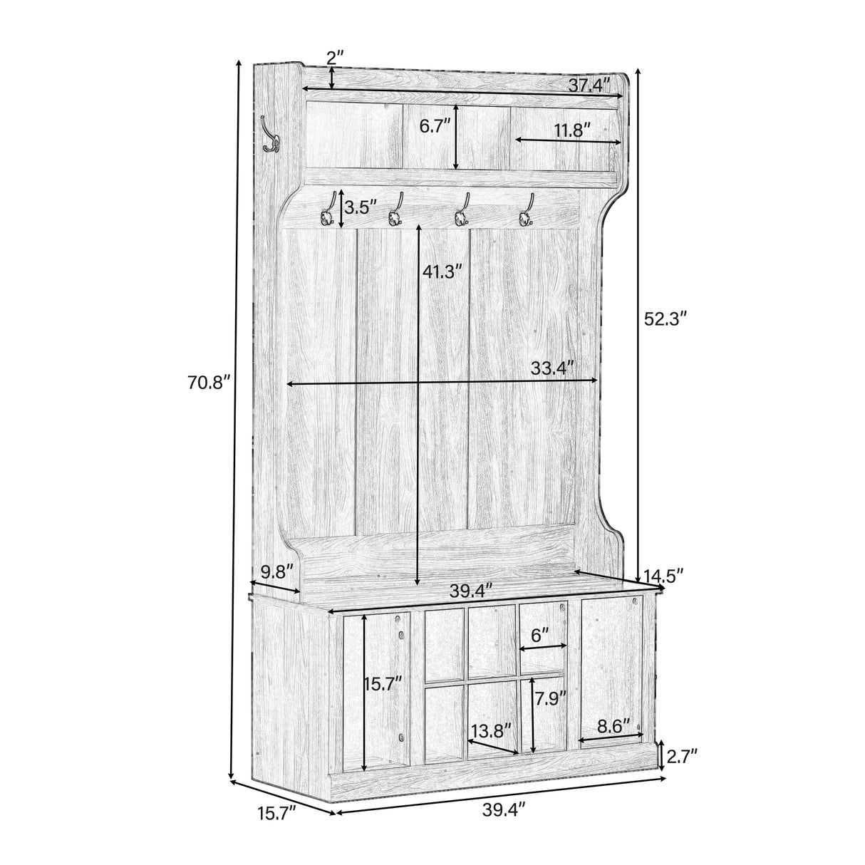 U-Can Hall Tree with 6 Hooks Coat Hanger Entryway Bench Storage Bench (White)